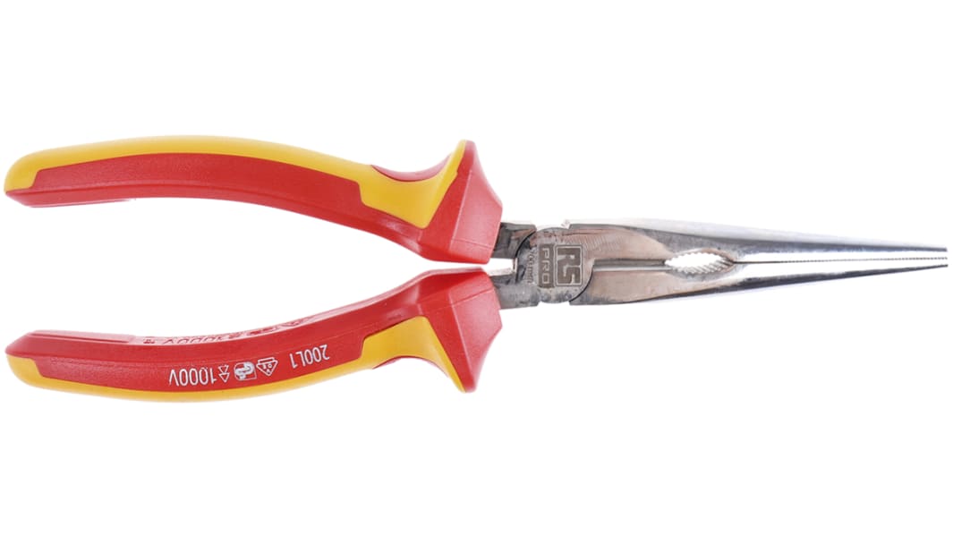 RS PRO Long Nose Pliers, 200 mm Overall, Straight Tip, VDE/1000V, 74mm Jaw