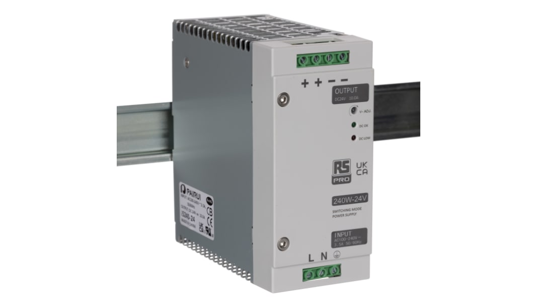 RS PRO Switched Mode DIN Rail Power Supply, 230V ac, 24V dc dc Output, 10A Output, 240W