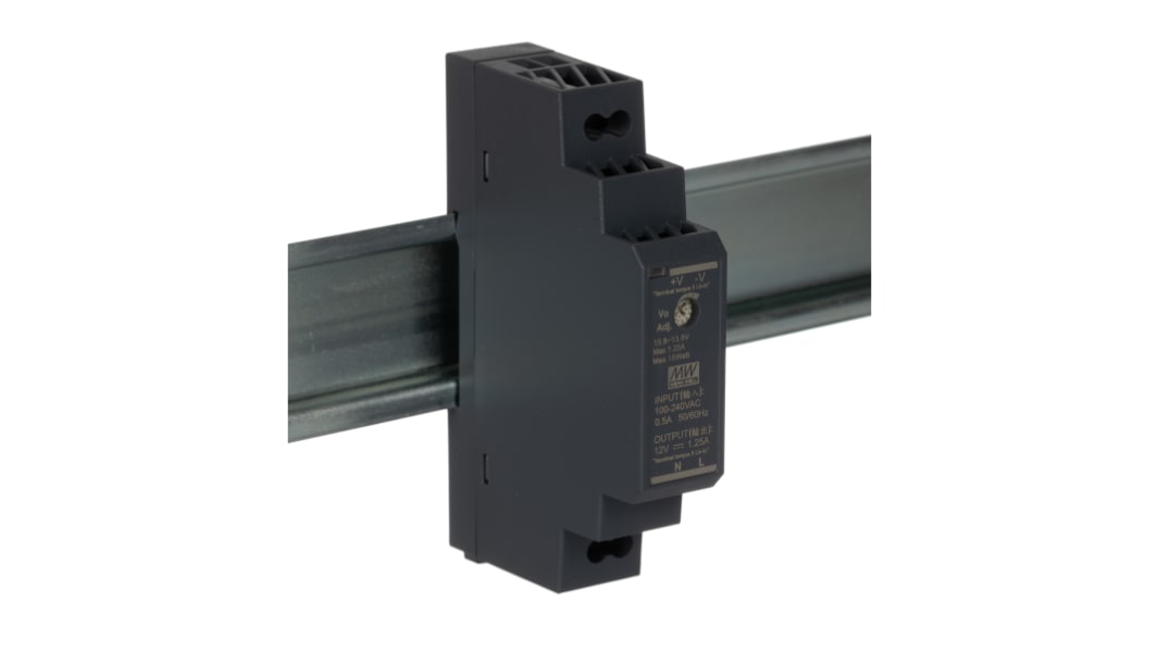 Alimentatore a montaggio su guida DIN MEAN WELL, 12V cc, 1.25A, 85 → 264 V ac, 120 → 370V cc, 15W