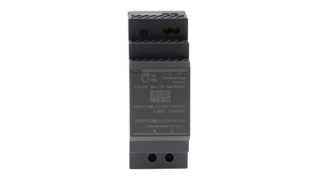 Alimentatore a montaggio su guida DIN MEAN WELL, 24V cc, 1.5A, 85 → 264 V ac, 120 → 370V cc, 36W