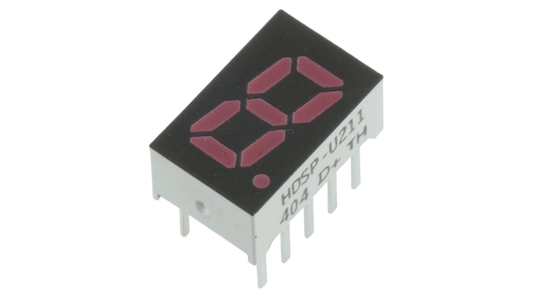 Display LED 7 segmentos de segmentos Broadcom de 1 caract., Rojo, Vf= 2 V, Ánodo común, mont. pasante