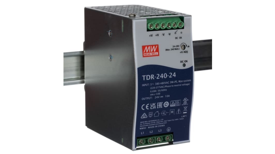 Alimentation pour rail DIN MEAN WELL, série TDR, 24V c.c.out 10A, 240W