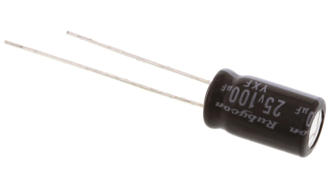 Condensador electrolítico Rubycon serie YXF, 100μF, ±20%, 25V dc, Radial, Orificio pasante, 6.3 (Dia.) x 11mm, paso