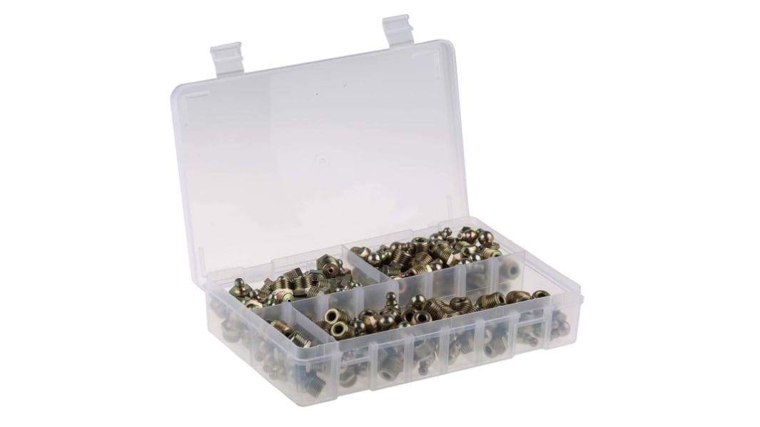 RS PRO Grease Nipple Kit Contains H1 Straight 1/4 in BSP (x50); H2-45 1/4 in BSP (x50); H3-90 1/4 in BSP (x50); Box