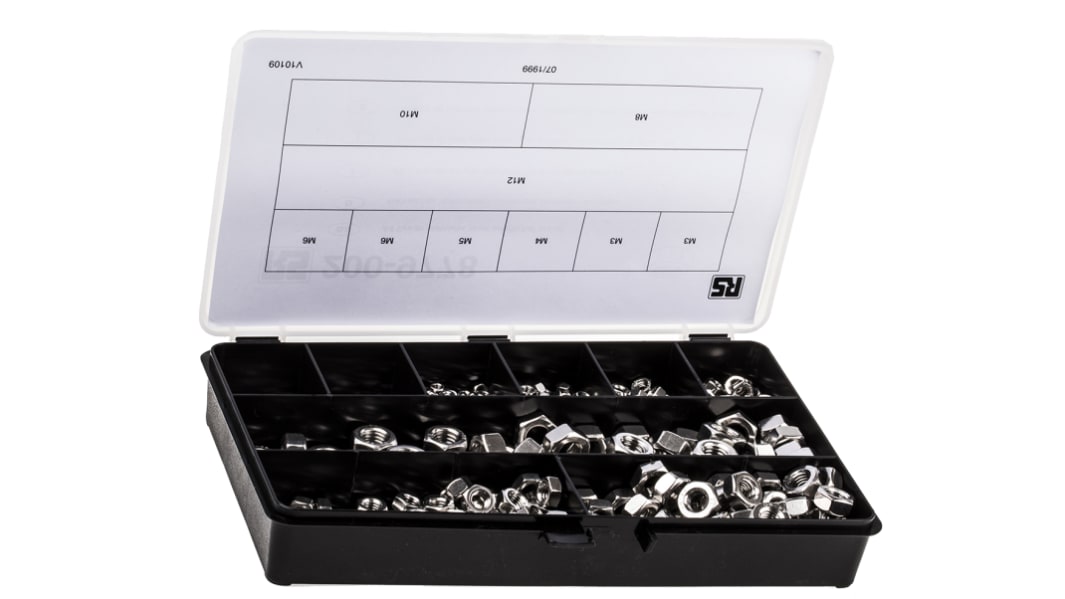 Caja de tuercas RS PRO, 1.020 piezas, Tuerca , Tuerca Hexagonal, Acero Inoxidable