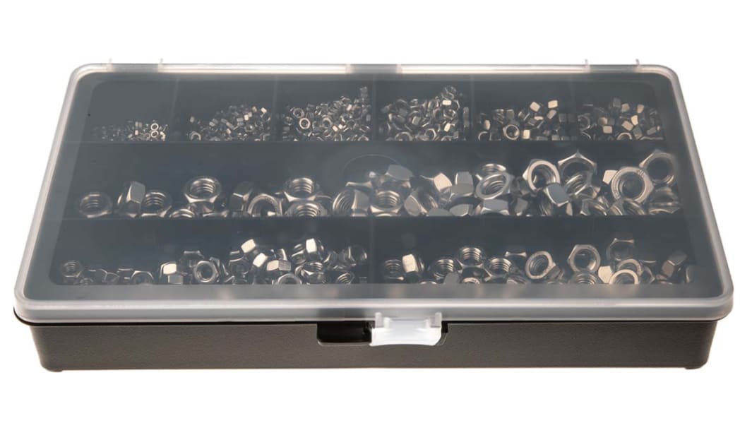 Caja de tuercas RS PRO, 1710 piezas, Tuerca , Tuerca Hexagonal, Acero Inoxidable