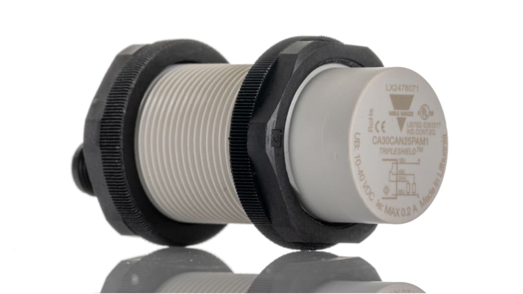 Carlo Gavazzi Kapacitiv Nærhedssensor Hus med gevind M30, Tasteafstand: 25 mm Udgang: , PNP, NO+NC, Forsyningsspænding: