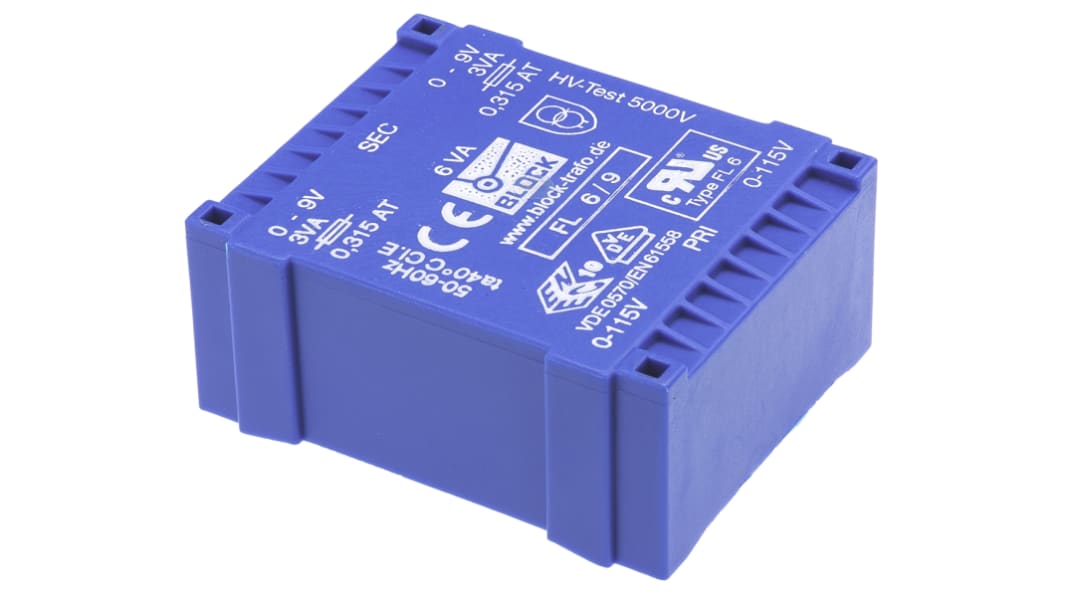 Transformateur pour circuit imprimé Block, 9V c.a., 115V ac, 230V ac, 6VA, 2 sorties