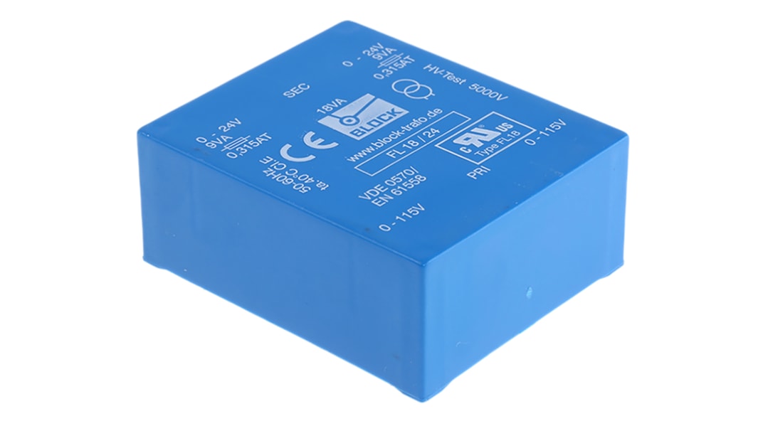 Block 24V ac 2 Output Through Hole PCB Transformer, 18VA