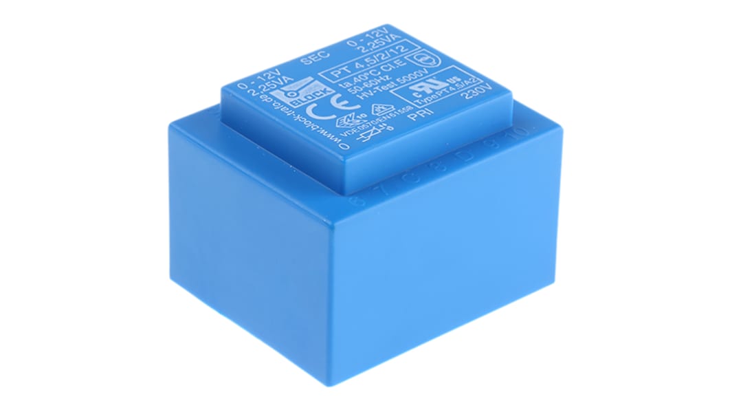 Block Printtrafo, Trafo 230V ac / 12V ac 4.5VA 2 Ausg. 44mm x 33mm x 37mm 190g Durchsteckmontage