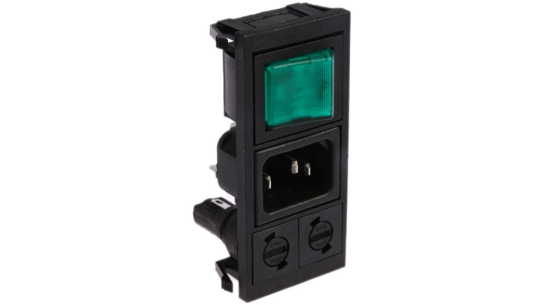 Conector IEC C14 macho Bulgin, Recto, Encaje a Presión, 250 V, 10A, con 2 fusibles de 5 x 20mm, con interruptor de 2