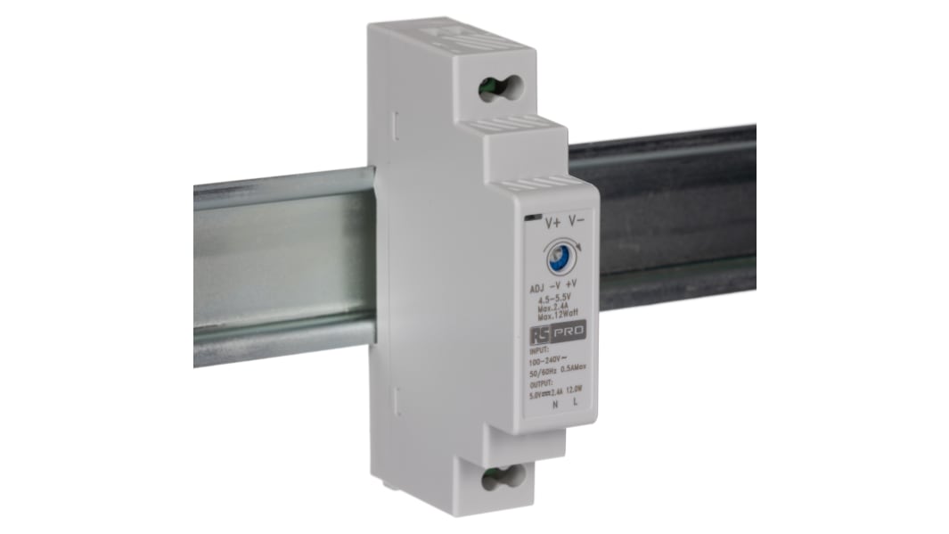 Alimentatore a montaggio su guida DIN RS PRO, 5V cc, 2.4A, 90 → 264V ca, 12W