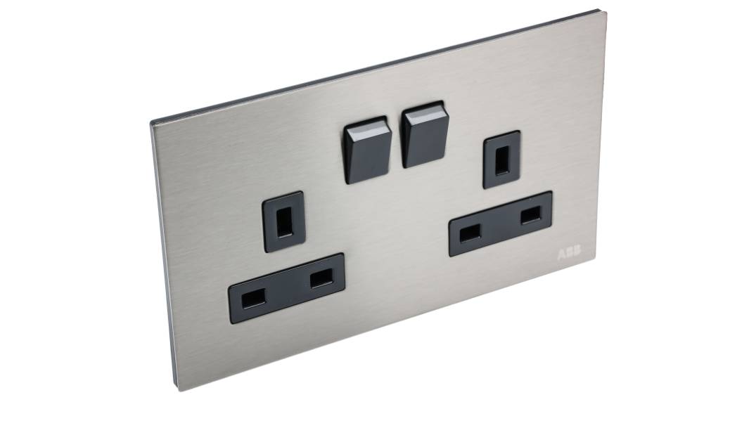 ABB Stainless Steel 2 Gang Plug Socket, 2 Poles, 13A, BS 1363