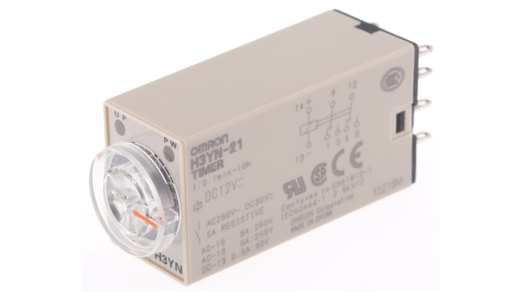 Omron H3YN Series DIN Rail, Panel Mount Timer Relay, 12V dc, 2-Contact, 0.1 min → 10h