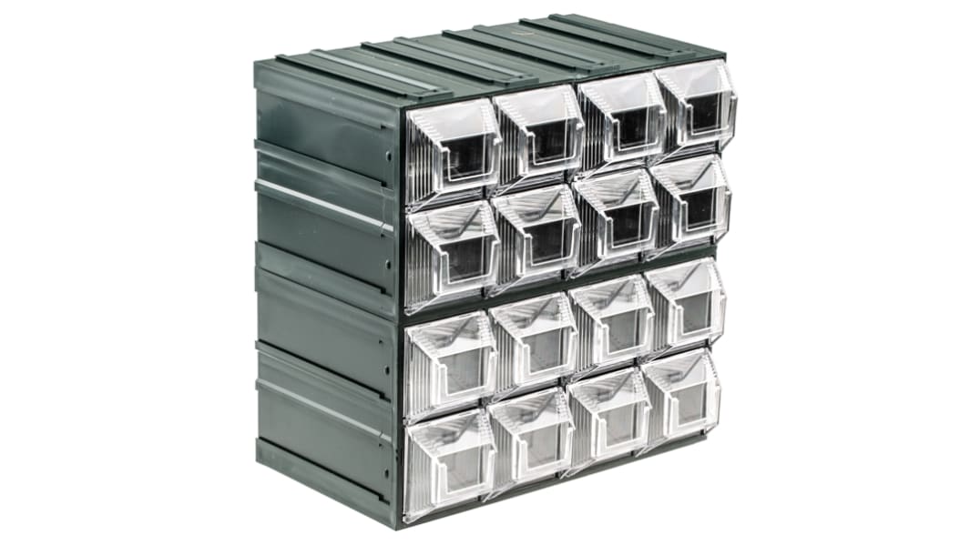 RS PRO 16 Drawer Storage Unit, Plastic, 208mm x 208mm x 132mm, Transparent