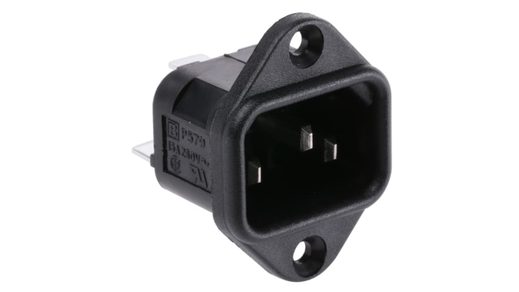 Conector IEC C14 macho Bulgin, Recto, Montaje de Reborde, 250 V, 10A