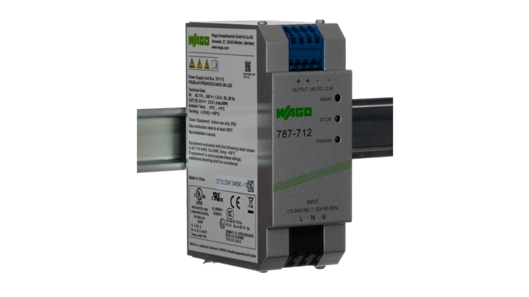 WAGO 787 Switched Mode DIN Rail Power Supply, 230V ac, dc Input, 24V dc dc Output, 2.5A Output, 60W