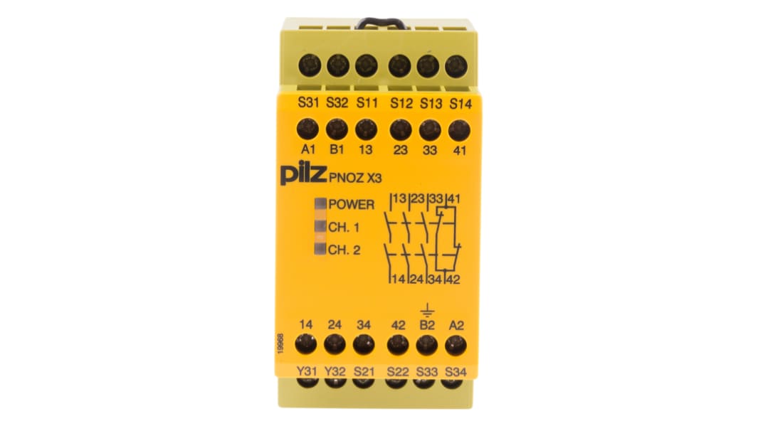 Pilz PNOZ X3 Sicherheitsrelais, 24V ac/dc, 2-Kanal, 3 Sicherheitskontakte Not-Aus, 1 Hilfsschalter, 4 ISO 13849-1,