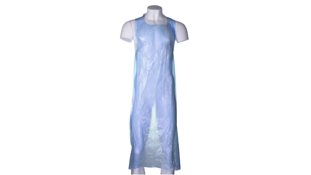 RS PRO Einweg-Schürze, 1.35m L., Polyethylen, Wasserdicht, Blau Unisex, 50 Stk.