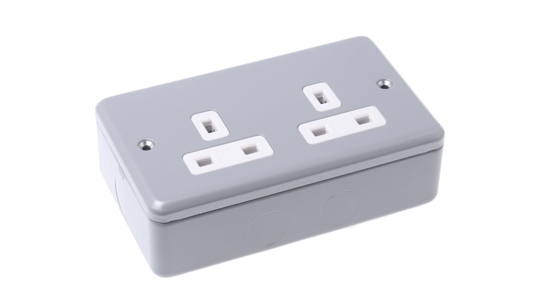 MK Electric Metalclad Plus Grey 2 Gang Plug Socket, 13A, Type G - British, Indoor Use