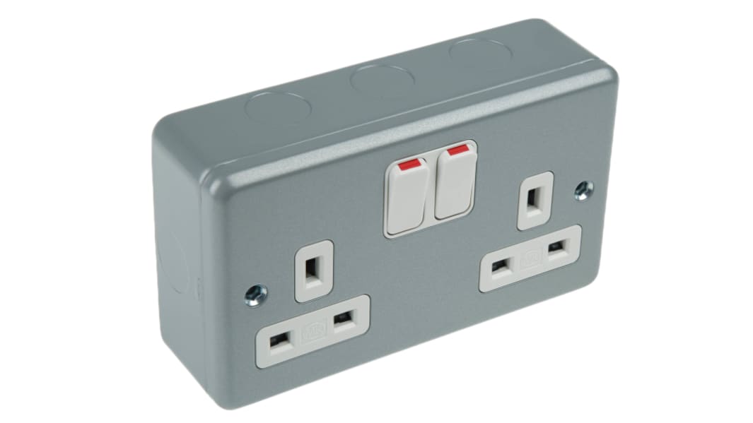 MK Electric Metalclad Plus Grey 2 Gang Plug Socket, 2 Poles, 13A, Type G - British, Indoor Use