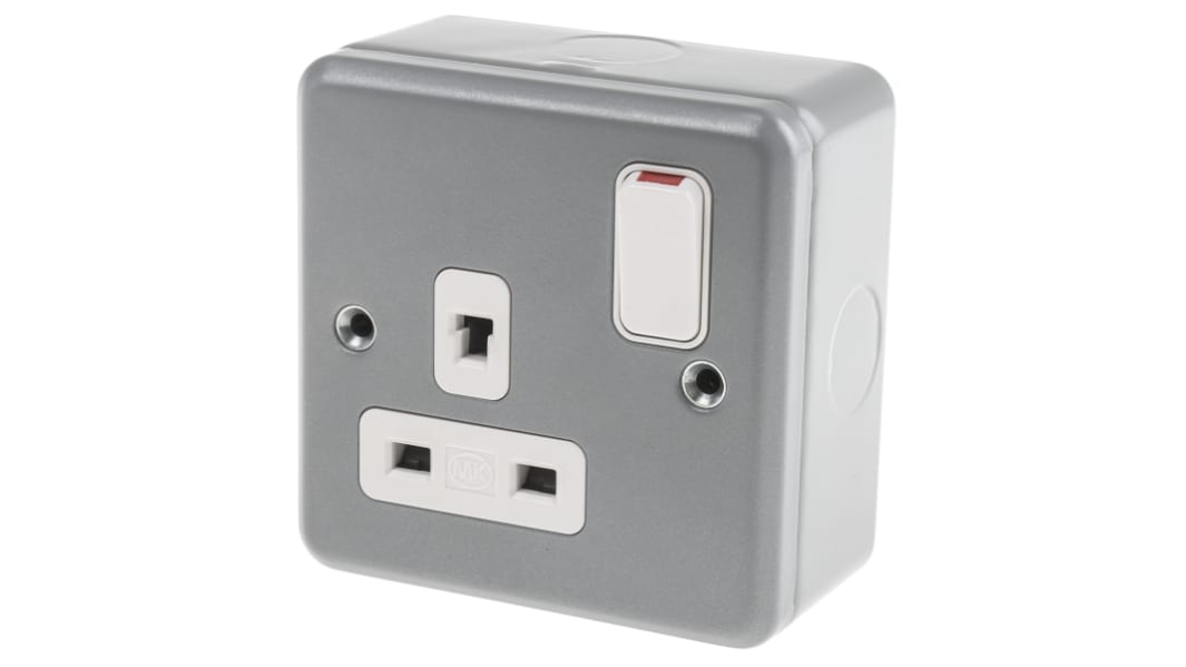 MK Electric Metalclad Plus Grey 1 Gang Plug Socket, 2 Poles, 13A, Indoor Use