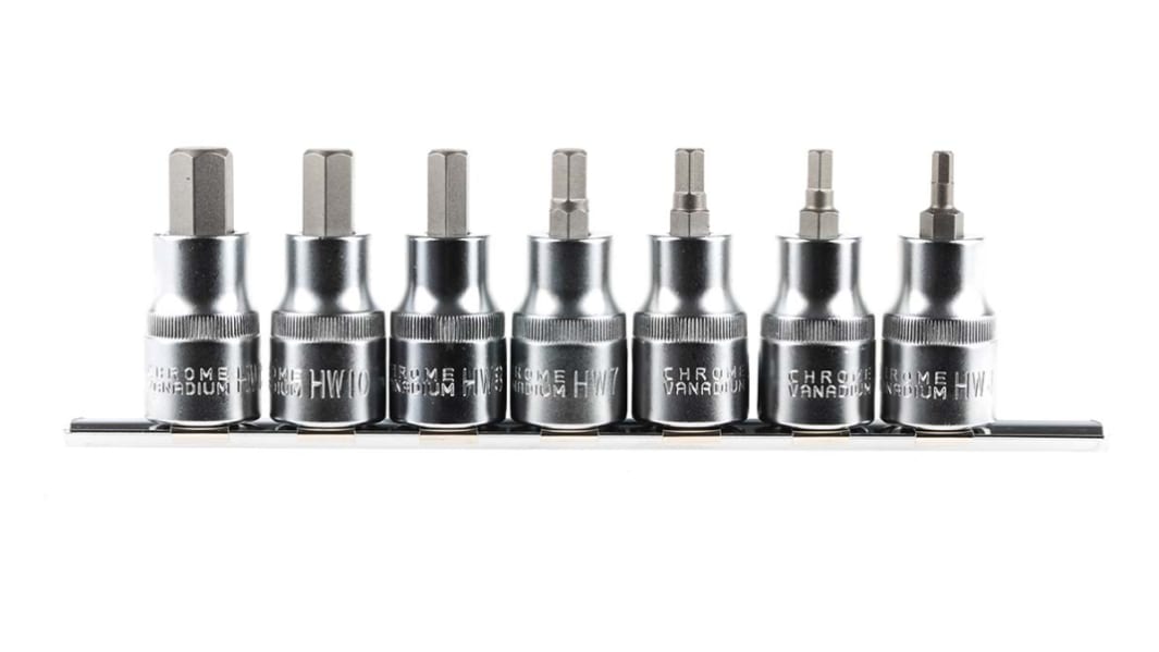 RS PRO 1/2 Zoll Vierkant metrisch HEX 4 → 12mm Sechskant-Bit Bit-Einsatz-Satz 7-teilig