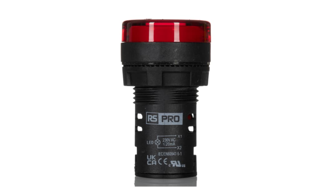 RS PRO, Panel Mount Red LED Pilot Light, 22mm Cutout, IP65, Round, 230V ac