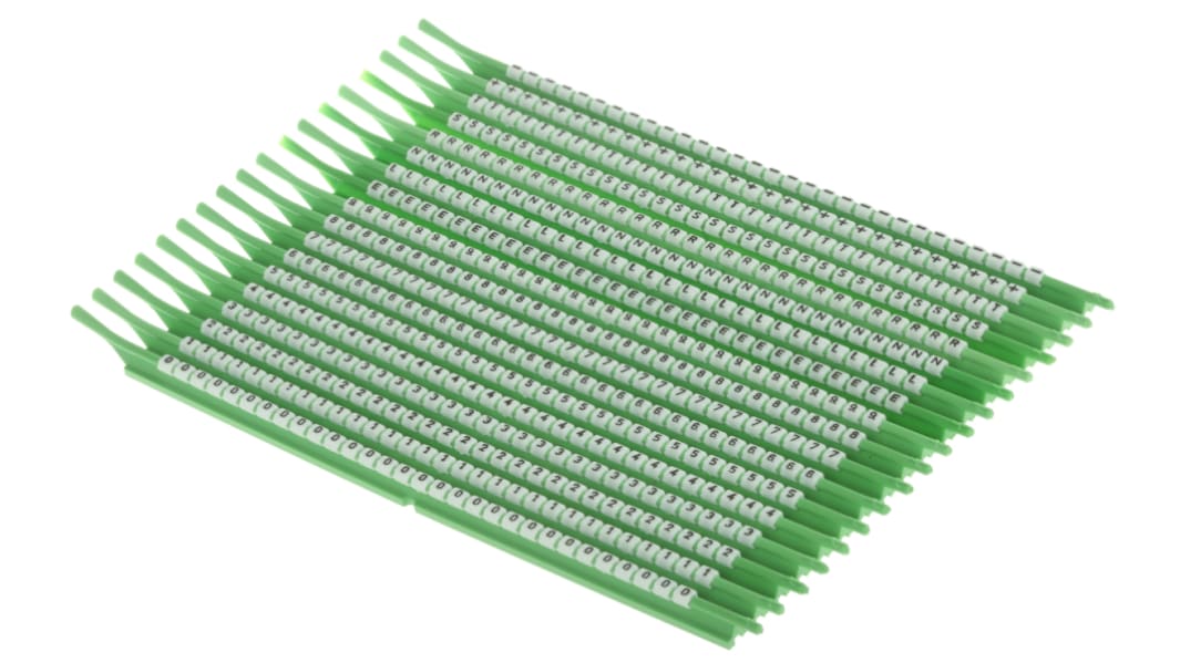 Marcadores de cable SES Sterling PLIOSNAP+ de Polioximetileno (POM) Blanco, texto: -, +, 0 → 9, E, L, N, R, S,