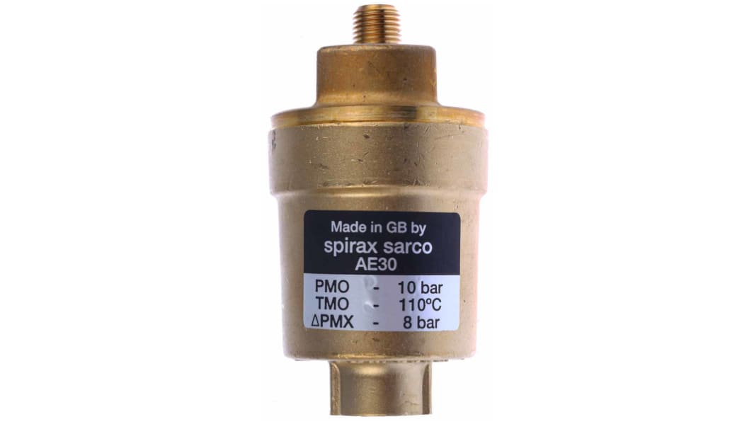 Sfiato automatico in Lega di rame Spirax Sarco, 10 bar max, connessione femmina BSPP 1/2, maschio BSP 1/4, altezza 105mm