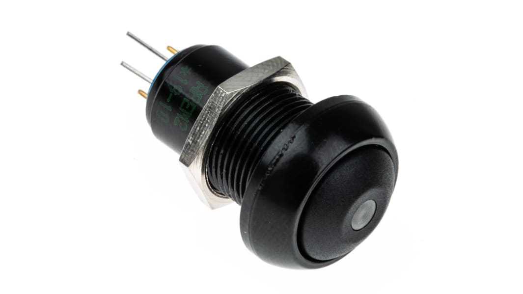 Bouton-poussoir miniature, Verrouillable lumineux, LED Vert, SPST, 5 A @ 28 V c.c., Montage panneau