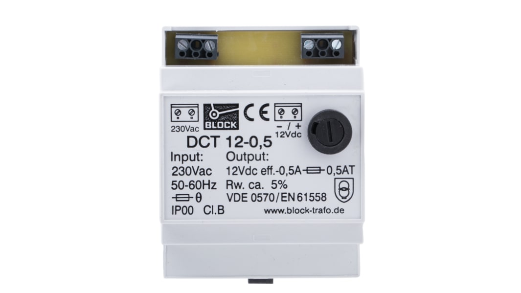 Block DCT Linear DIN Rail Power Supply, 230V ac ac Input, 12V dc dc Output, 500mA Output, 6W