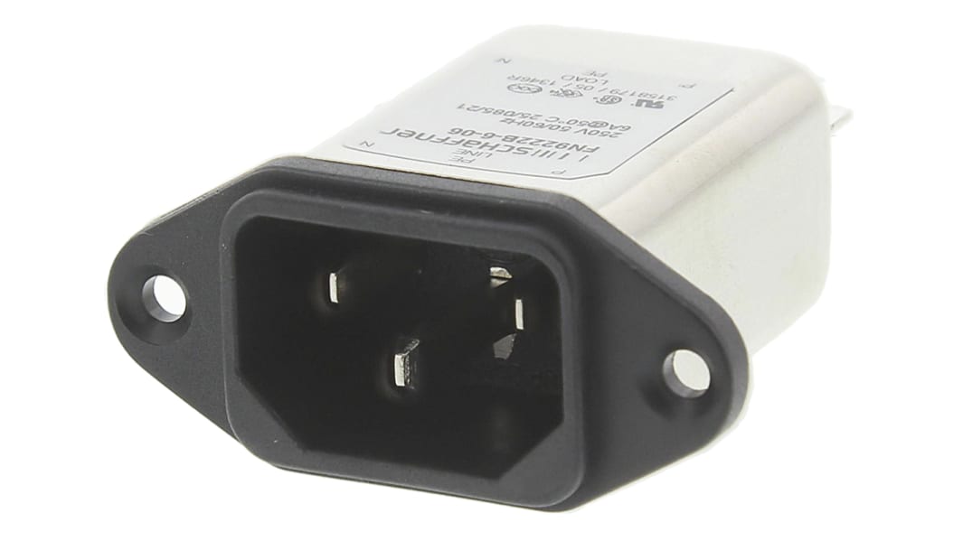 Filtro ingresso IEC Schaffner C14 250 V c.a., 6A, Montaggio a pannello