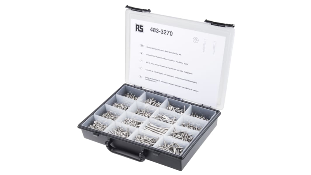 Kit viti e bulloni in Acciaio inox Liscio RS PRO, guida a Pozidriv, Scanalatura, 1250 pezzi, filettatura M6, M8, M10,