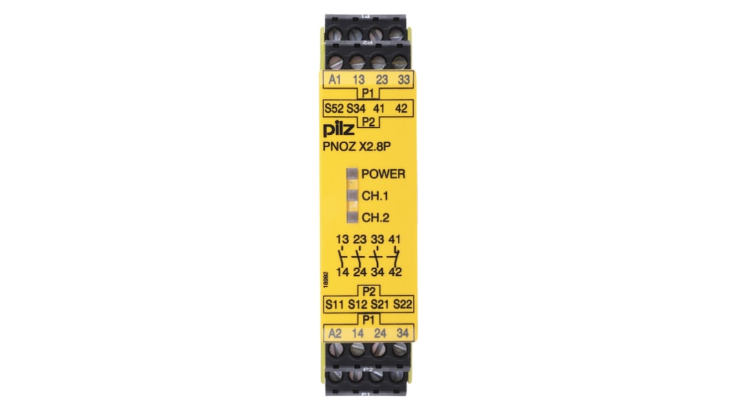 Relé de seguridad Pilz PNOZ X PNOZ X2.8P de 1, 2 canales, para Parada de Emergencia, 24 → 240V ac/dc, cat. seg.
