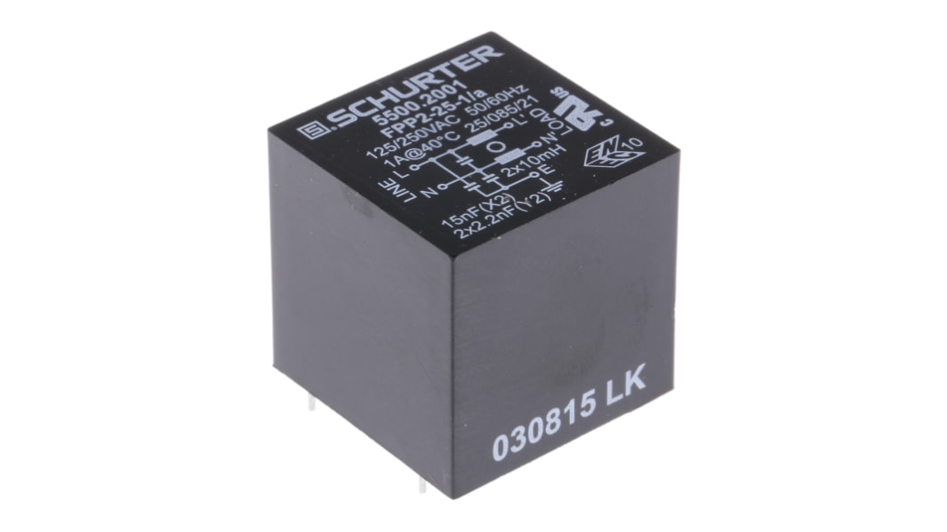 Filtro RFI Schurter 2.2nF, 1A, 250 V ac, 60Hz 10 x 2 mH, Montaje en orificio pasante, con terminales Pin > 0,25 mA,