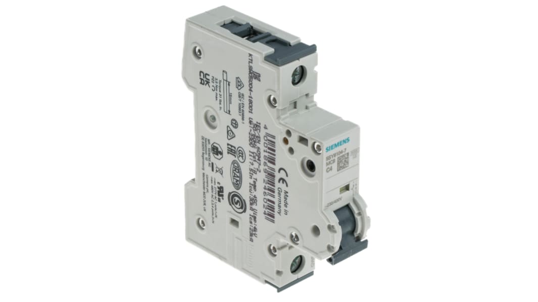 Siemens Sentron 5SY6 MCB, 1P, 4A Curve C, 230V AC, 72V DC, 6 kA Breaking Capacity