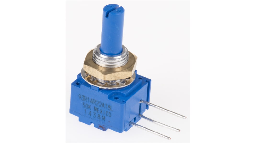 Bourns 93R1A-R22-A18L 1 modul Cermet, Dreje Potentiometer, 6 mm aksel, Panelmontering, Hulmontering, 50kΩ, ±10%, 2W