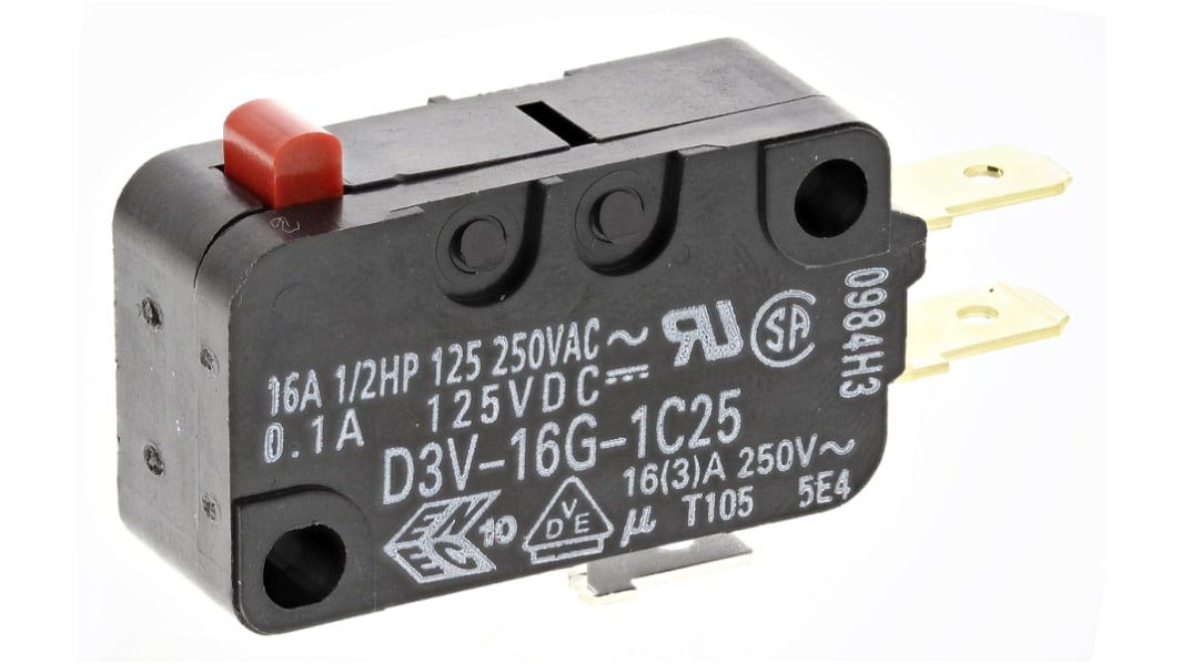 Omron Mikroschalter Stift Stößel-Betätiger Flachstecker, 16 A @ 250 V ac, SPDT IP 40 -25°C - +105°C