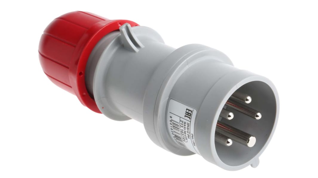 Adaptador para conector de potencia industrial Macho, Formato 3P + N + E, Orientación Recto, Rojo, 415 V, 16A, IP44