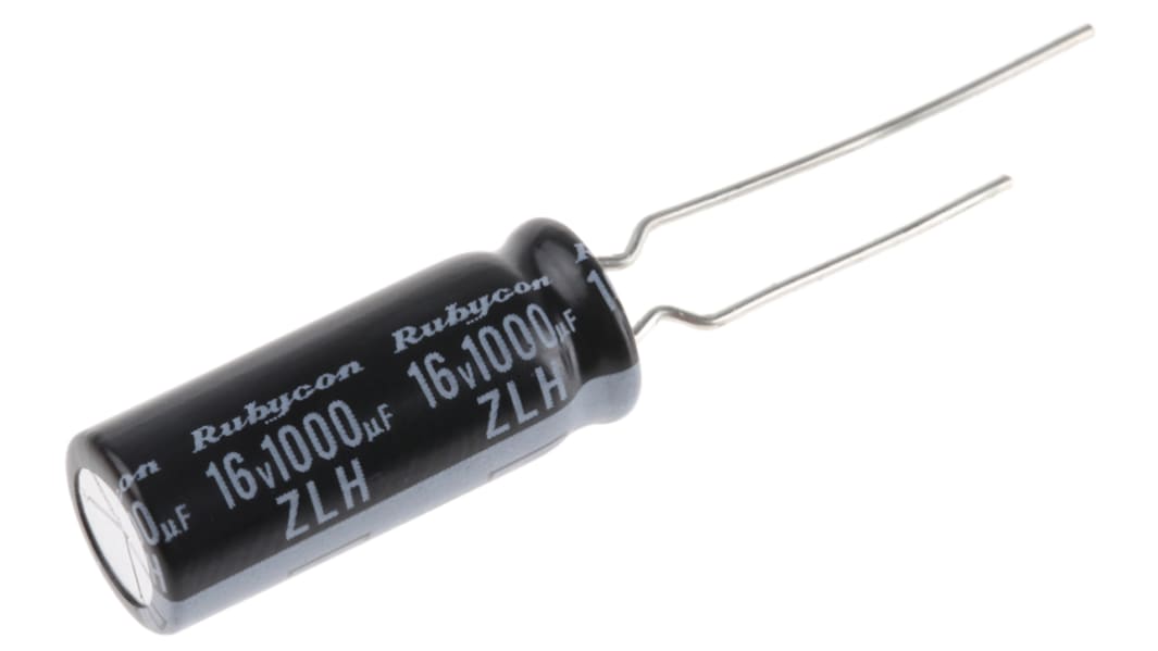 Condensador electrolítico Rubycon serie ZLH, 1000μF, ±20%, 16V dc, Radial, Orificio pasante, 8 (Dia.) x 20mm, paso 3.5mm
