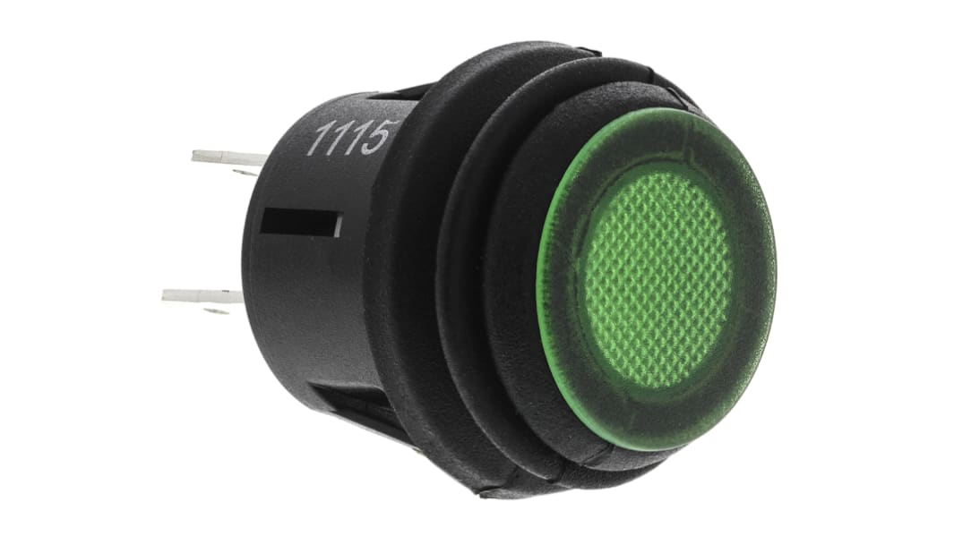 ZF Illuminated Push Button Switch, Latching, Panel Mount, 20.2mm Cutout, DPST, Green LED, 125V ac, IP65