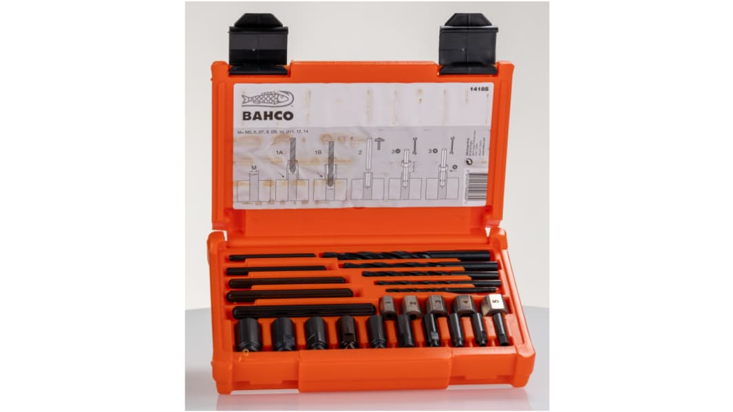 Bahco, 25-teilig Schraubenausdreher-Set, Vanadium, Bolzenauszieher: 3,2; 4,8; 6,4; 8; 8,7; Buchse: Ein; B; C; D; E; F;