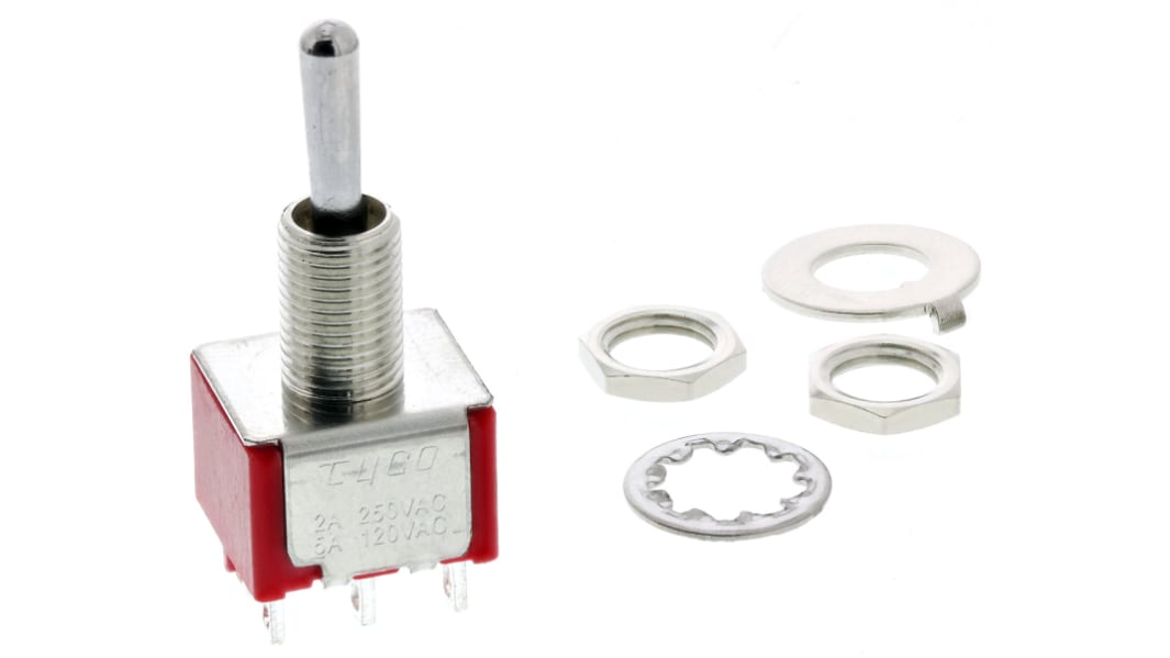 TE Connectivity Toggle Switch, Panel Mount, (On)-Off-(On), SPDT, Through Hole Terminal, 120 V ac, 28V dc