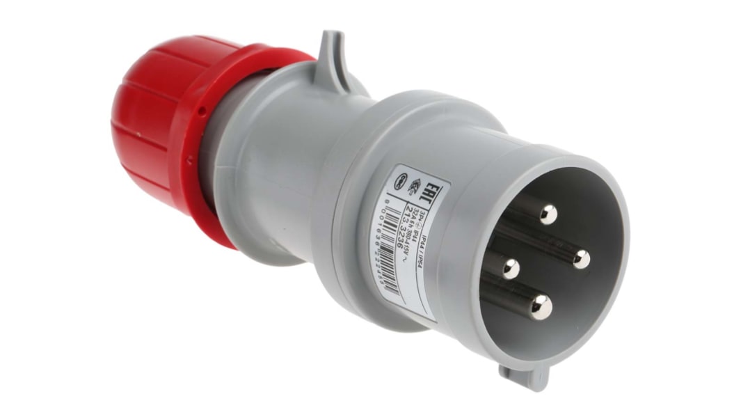 Conector de potencia industrial Macho, Formato 3P + E, Orientación Recto, Rojo, 415 V, 32A, IP44