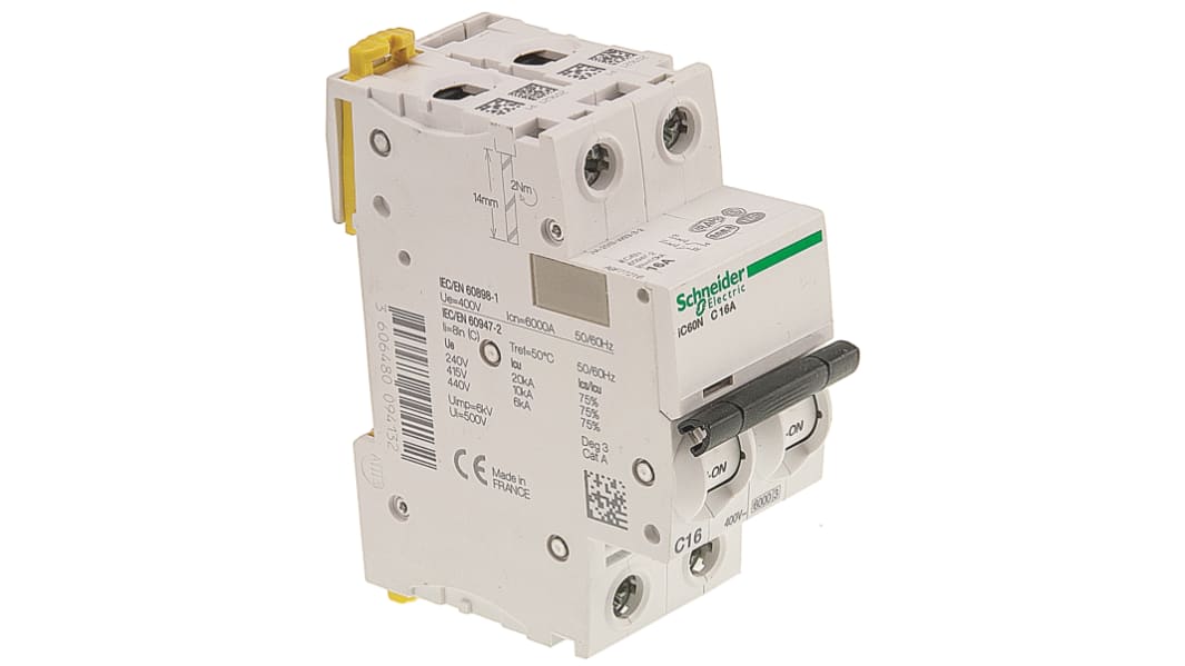 Disjoncteur Schneider Electric iC60N 2P, 16A, pouvoir de coupure 6 kA, montage rail DIN