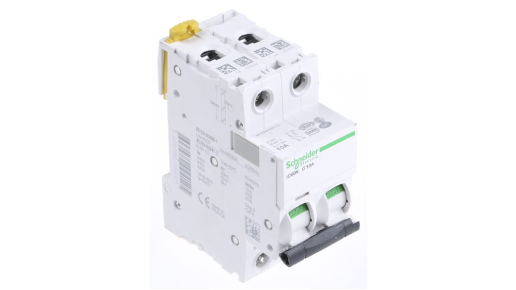Disjoncteur Schneider Electric iC60N 2P, 10A, pouvoir de coupure 6 kA, montage rail DIN