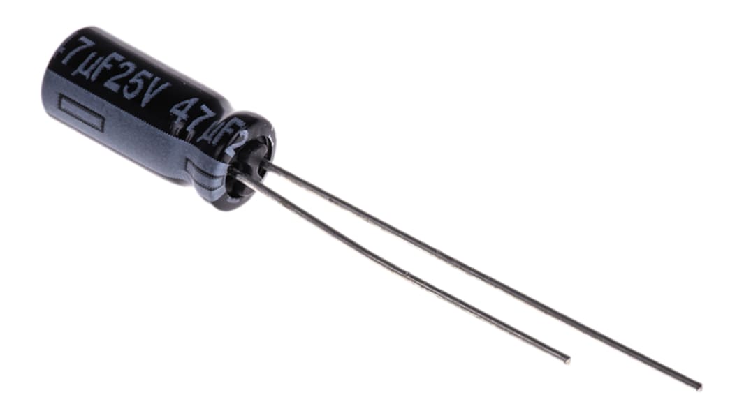 Condensador electrolítico Panasonic serie FR, 47μF, ±20%, 25V dc, Radial, Orificio pasante, 5 (Dia.) x 11mm, paso 2mm