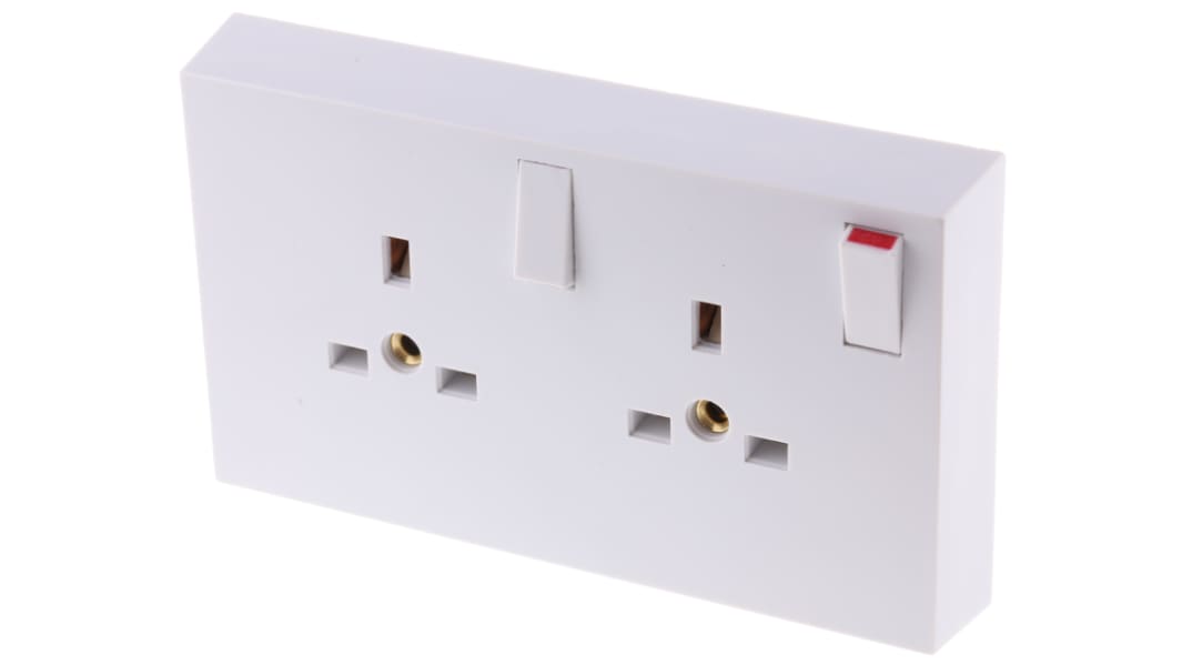 RS PRO White 2 Gang Plug Socket, 1 Pole Poles, 13A, Type G - British, Indoor Use