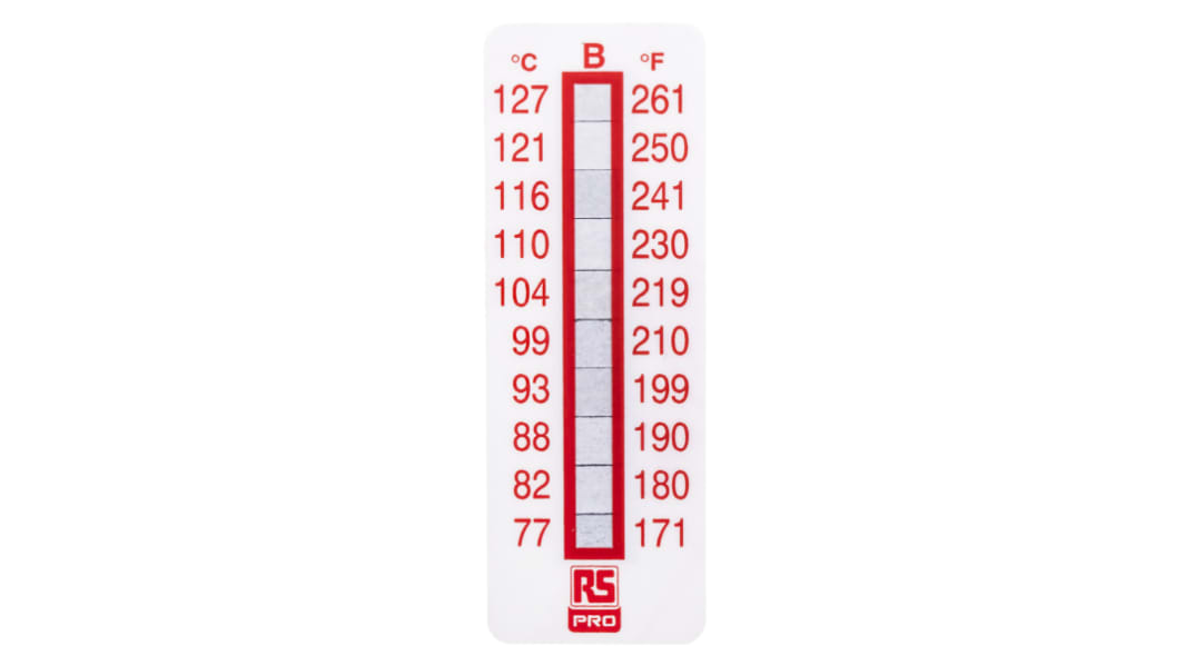 RS PRO Temperaturmessstreifen 77°C / 127°C 10 Messbereiche 10 Stk. Vertikal, L. 51mm, B. 18mm